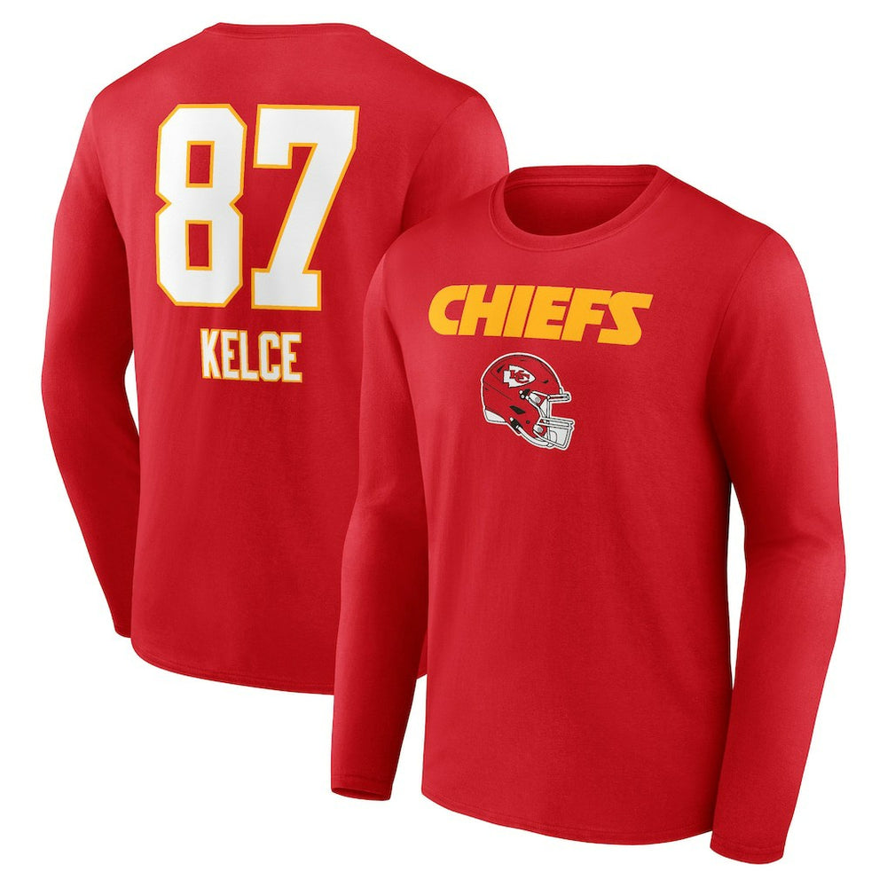 Travis Kelce Kansas City Chiefs Team Wordmark Player Name & Number Long Sleeve T-Shirt Red