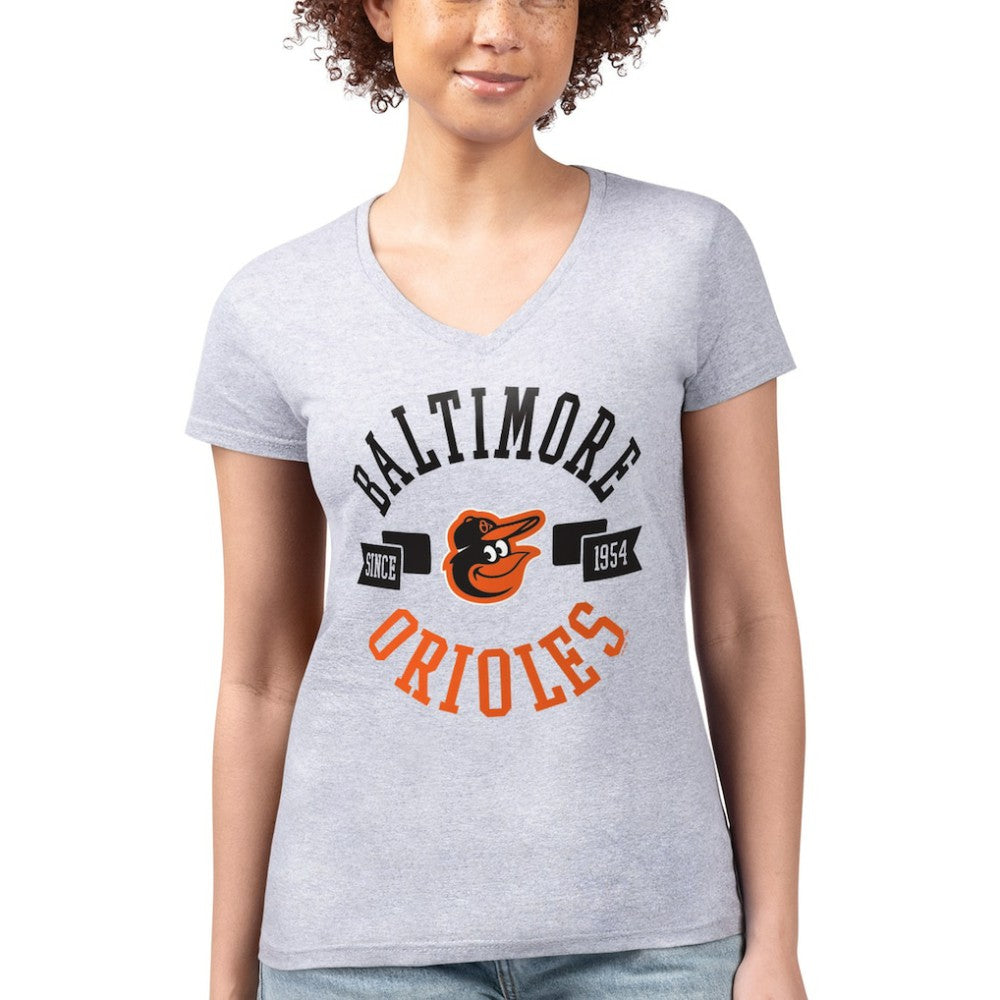 Baltimore Orioles G-III 4Her by Carl Banks Women's Super-Slim Fit Lightweight City Graphic V-Neck T-Shirt - Heather Gray T-shirts