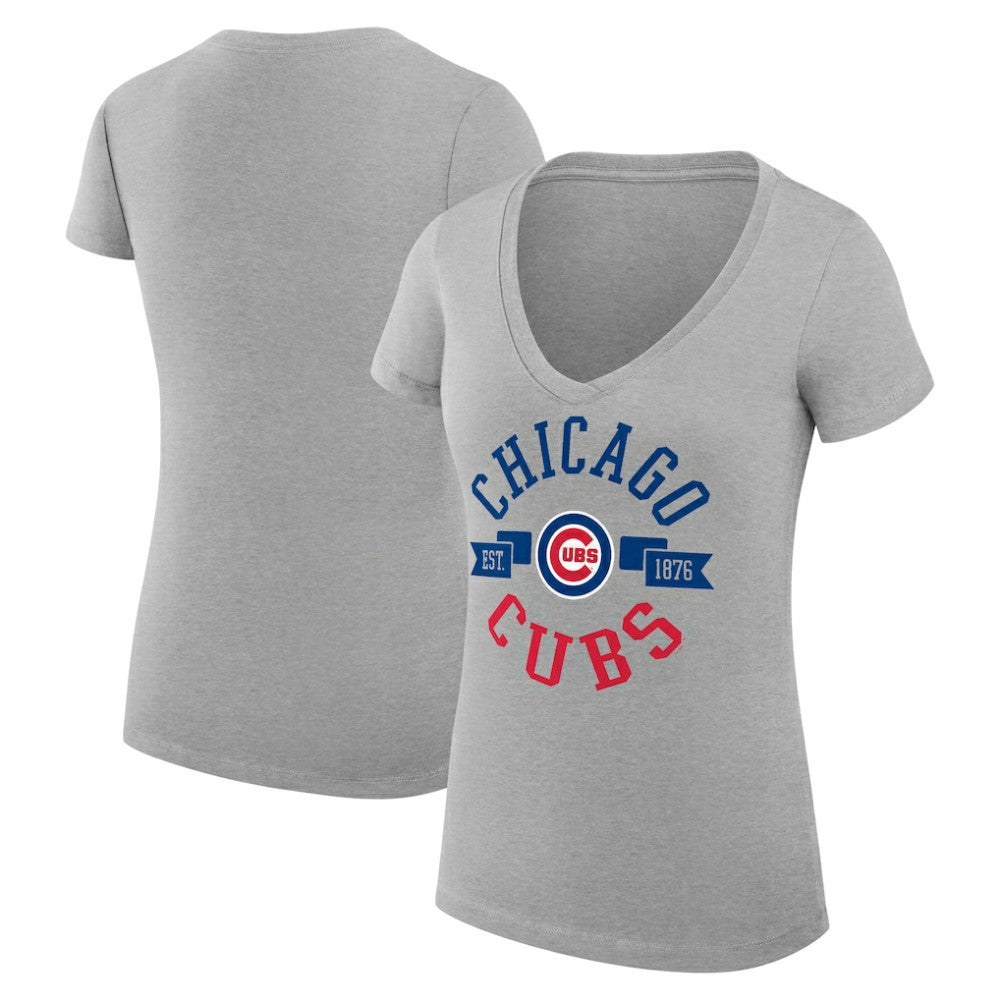 Chicago Cubs G-III 4Her by Carl Banks Women's Super-Slim Fit Lightweight City Graphic V-Neck T-Shirt - Heather Gray T-shirts