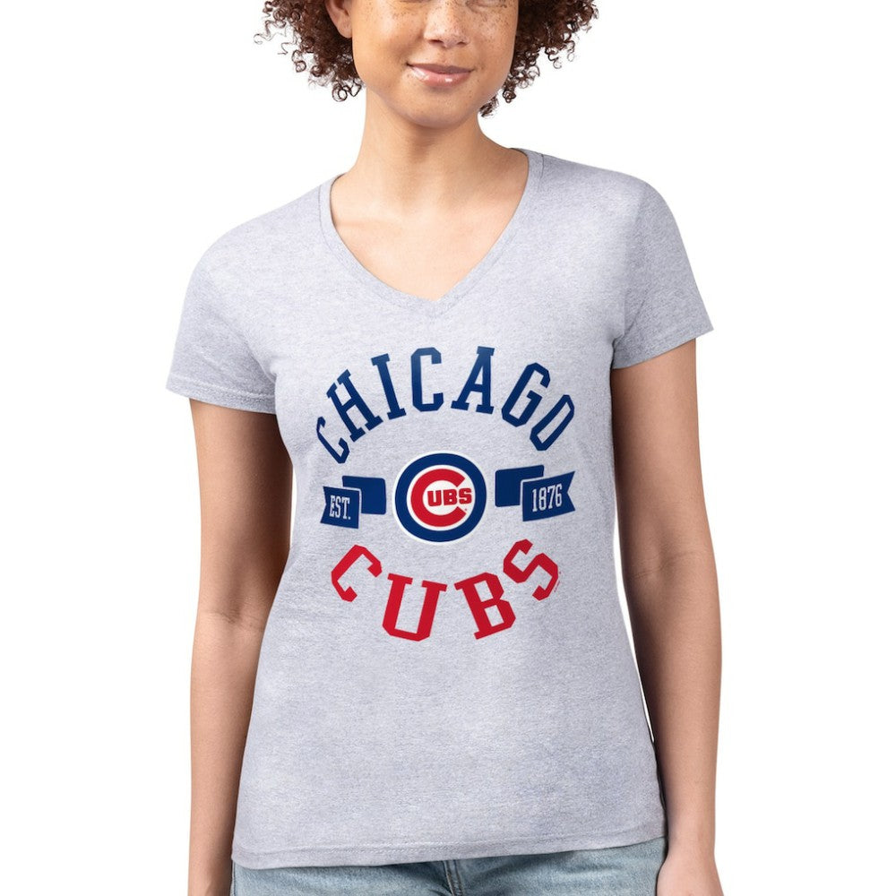 Chicago Cubs G-III 4Her by Carl Banks Women's Super-Slim Fit Lightweight City Graphic V-Neck T-Shirt - Heather Gray T-shirts