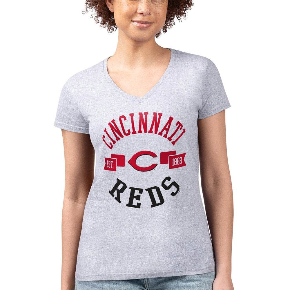 Cincinnati Reds G-III 4Her by Carl Banks Women's Super-Slim Fit Lightweight City Graphic V-Neck T-Shirt - Heather Gray T-shirts