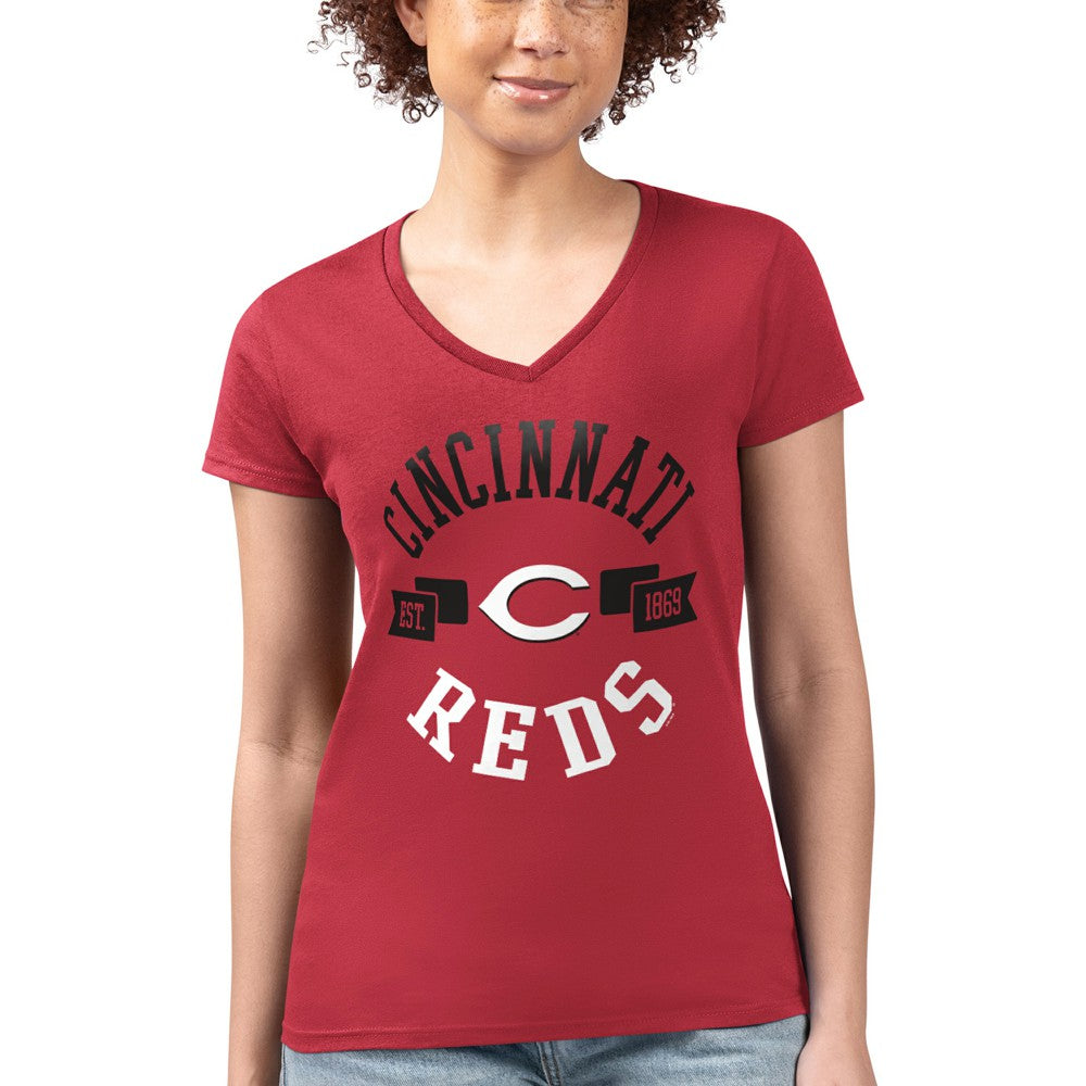 Cincinnati Reds G-III 4Her by Carl Banks Women's Super-Slim Fit Lightweight City Graphic V-Neck T-Shirt - Red T-shirts