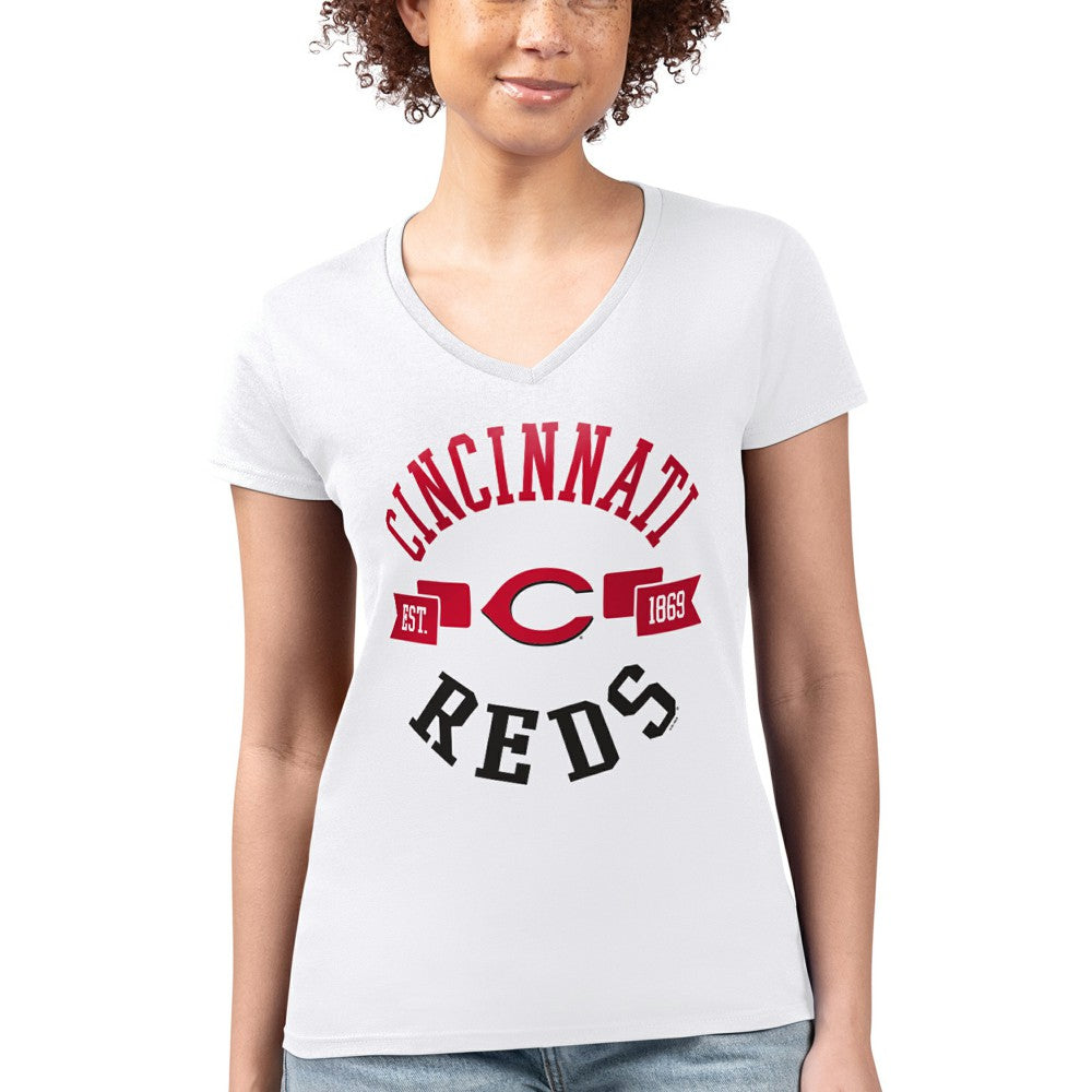 Cincinnati Reds G-III 4Her by Carl Banks Women's Super-Slim Fit Lightweight City Graphic V-Neck T-Shirt - White T-shirts