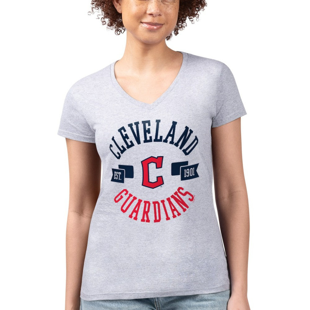Cleveland Guardians G-III 4Her by Carl Banks Women's Super-Slim Fit Lightweight City Graphic V-Neck T-Shirt - Heather Gray T-shirts