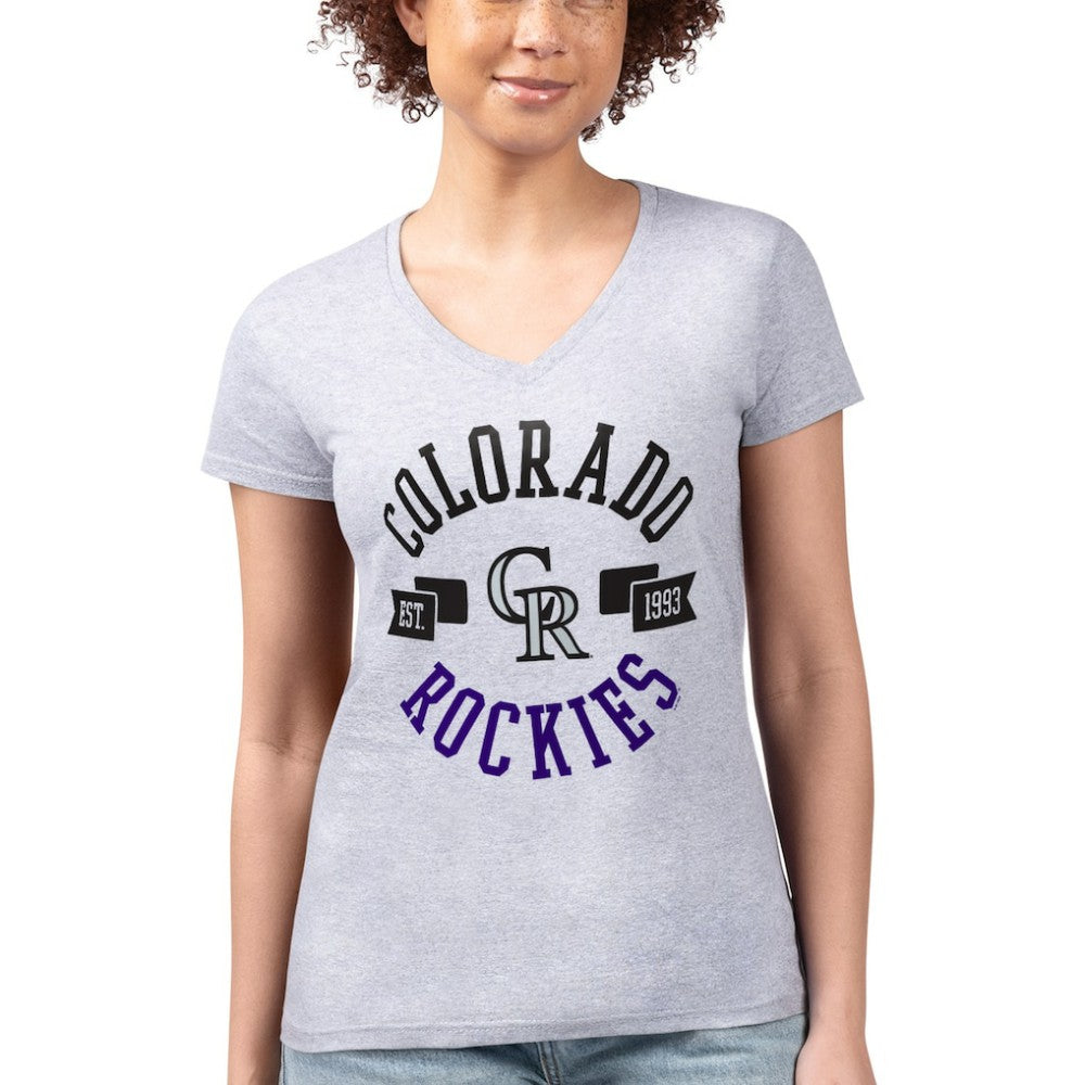 Colorado Rockies G-III 4Her by Carl Banks Women's Super-Slim Fit Lightweight City Graphic V-Neck T-Shirt - Heather Gray T-shirts