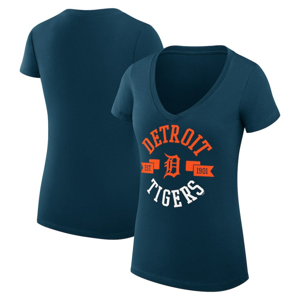 Detroit Tigers G-III 4Her by Carl Banks Women's Super-Slim Fit Lightweight City Graphic V-Neck T-Shirt - Navy T-shirts