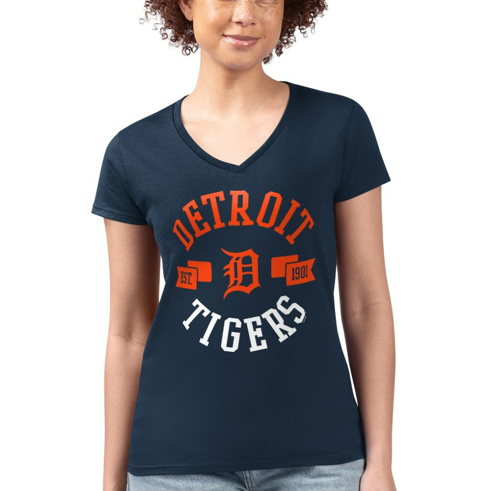 Detroit Tigers G-III 4Her by Carl Banks Women's Super-Slim Fit Lightweight City Graphic V-Neck T-Shirt - Navy T-shirts