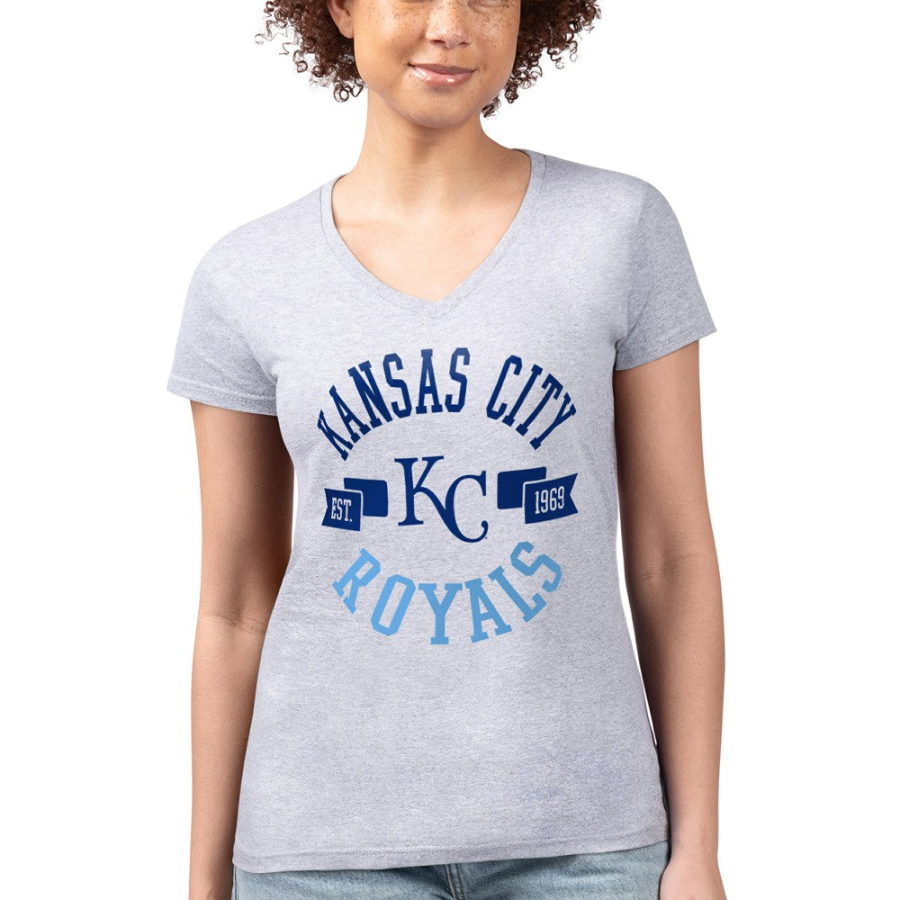 Kansas City Royals G-III 4Her by Carl Banks Women's Super-Slim Fit Lightweight City Graphic V-Neck T-Shirt - Heather Gray T-shirts