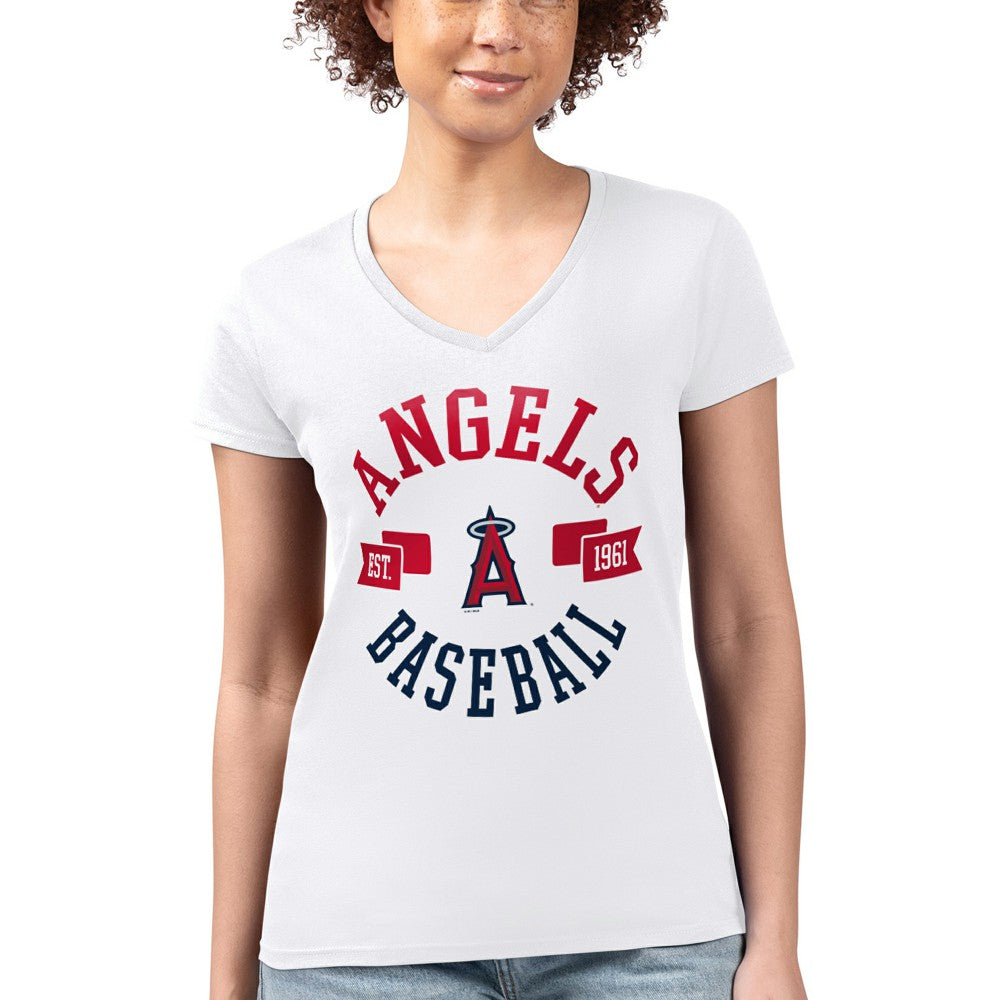 Los Angeles Angels G-III 4Her by Carl Banks Women's Super-Slim Fit Lightweight City Graphic V-Neck T-Shirt - White T-shirts