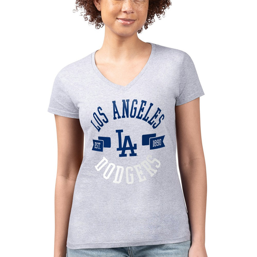 Los Angeles Dodgers G-III 4Her by Carl Banks Women's Super-Slim Fit Lightweight City Graphic V-Neck T-Shirt - Heather Gray T-shirts