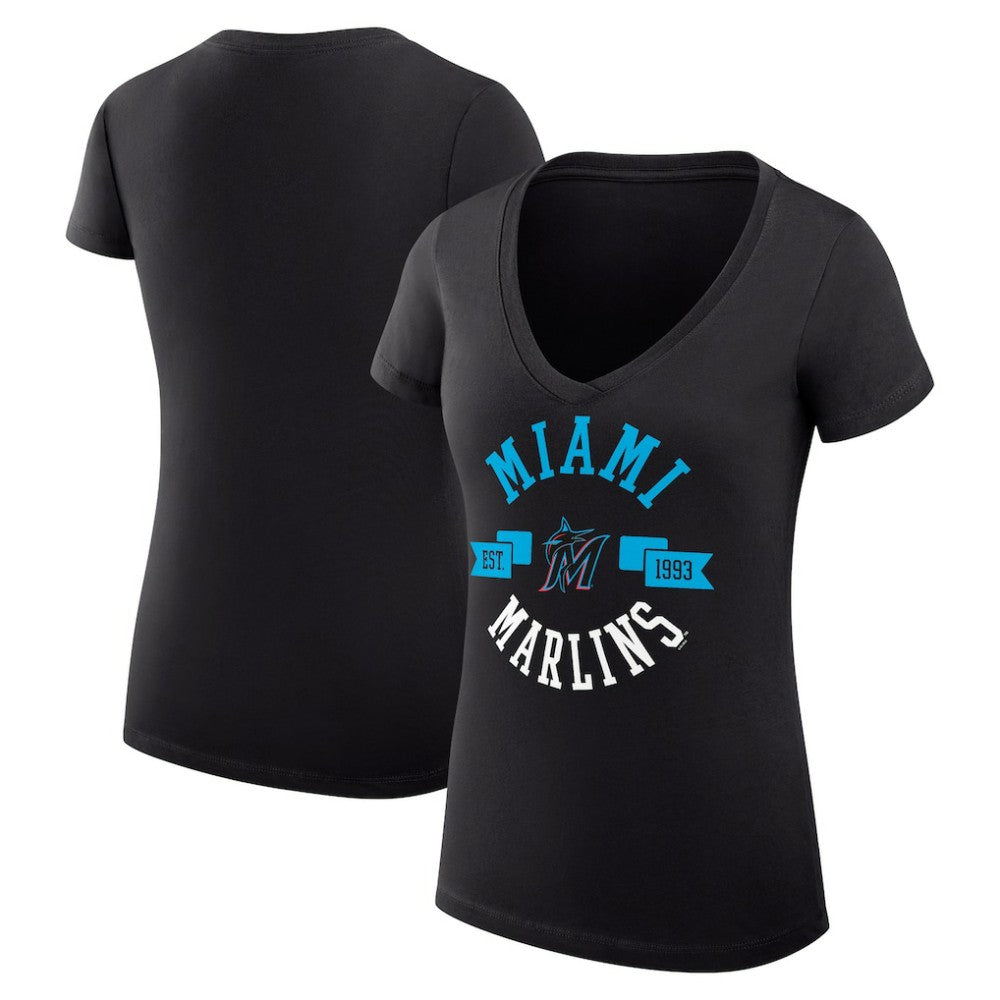 Miami Marlins G-III 4Her by Carl Banks Women's Super-Slim Fit Lightweight City Graphic V-Neck T-Shirt - Black T-shirts