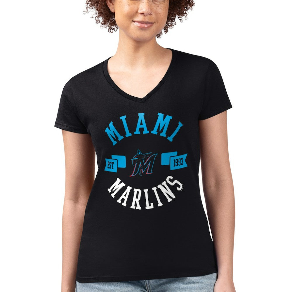Miami Marlins G-III 4Her by Carl Banks Women's Super-Slim Fit Lightweight City Graphic V-Neck T-Shirt - Black T-shirts