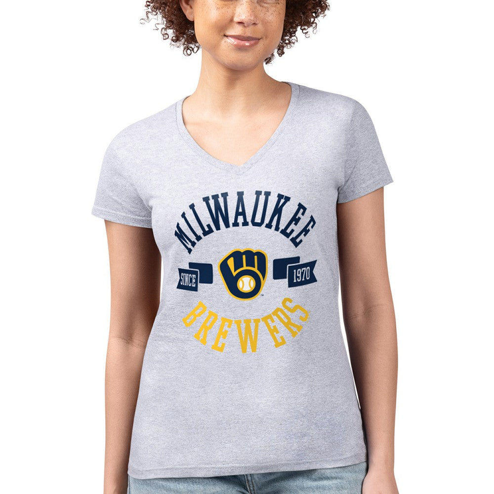 Milwaukee Brewers G-III 4Her by Carl Banks Women's Super-Slim Fit Lightweight City Graphic V-Neck T-Shirt - Heather Gray T-shirts
