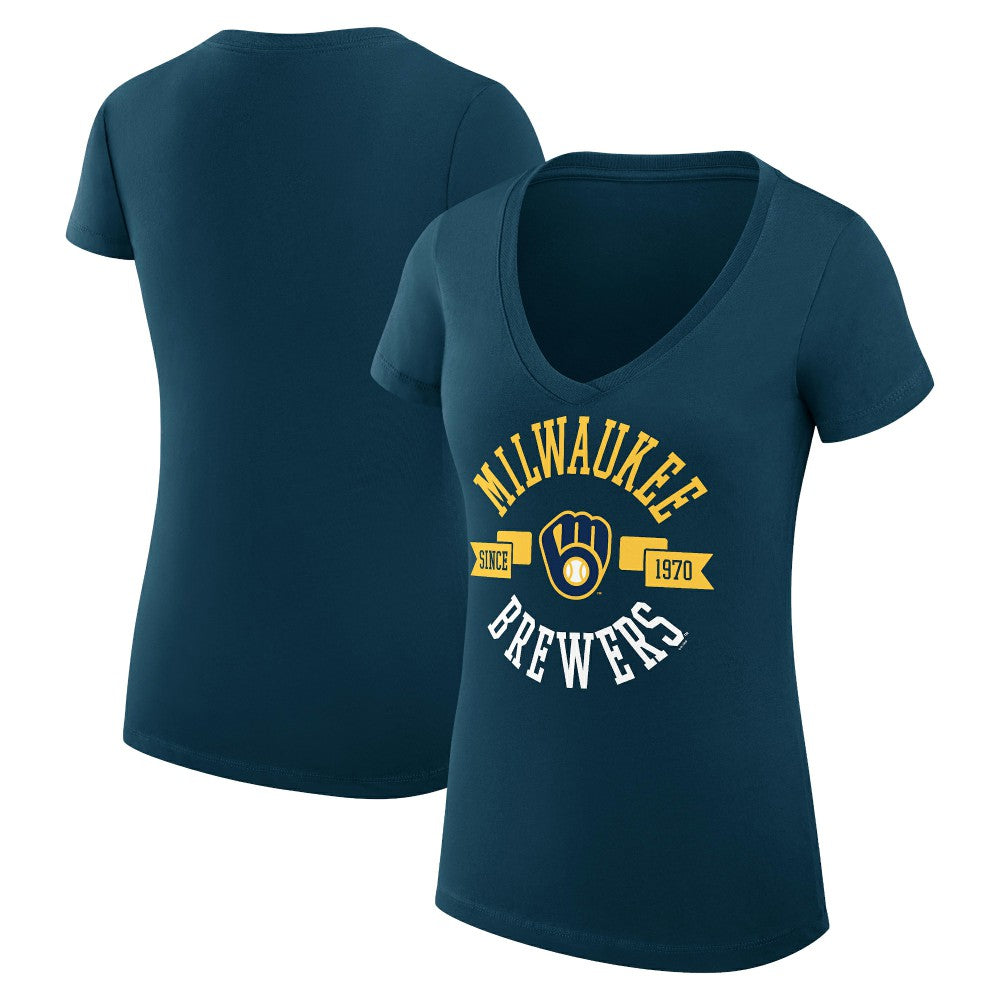 Milwaukee Brewers G-III 4Her by Carl Banks Women's Super-Slim Fit Lightweight City Graphic V-Neck T-Shirt - Navy T-shirts