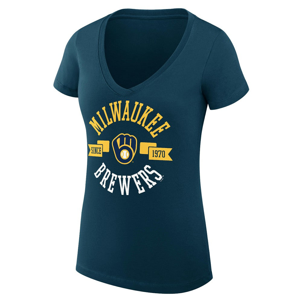 Milwaukee Brewers G-III 4Her by Carl Banks Women's Super-Slim Fit Lightweight City Graphic V-Neck T-Shirt - Navy T-shirts