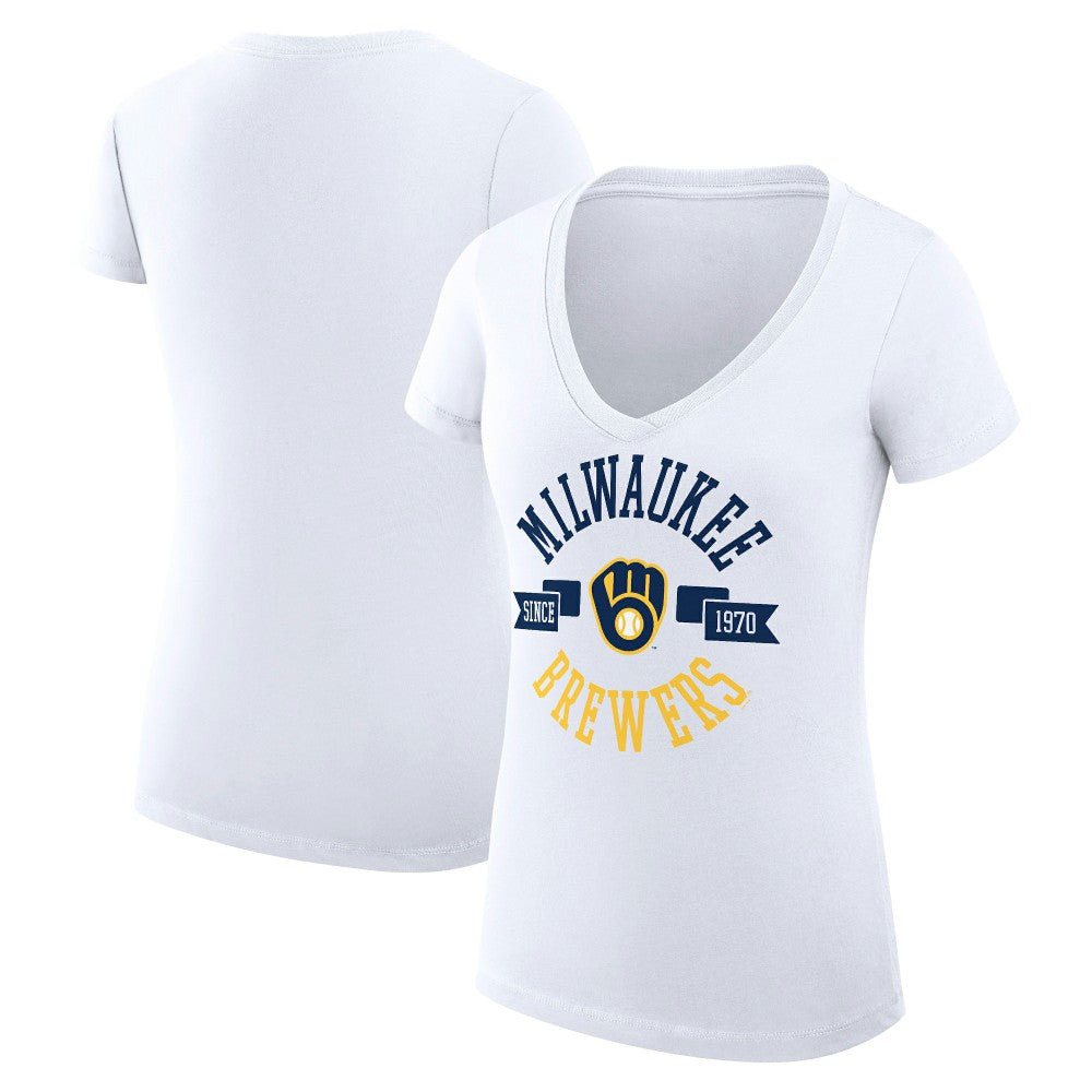 Milwaukee Brewers G-III 4Her by Carl Banks Women's Super-Slim Fit Lightweight City Graphic V-Neck T-Shirt - White T-shirts