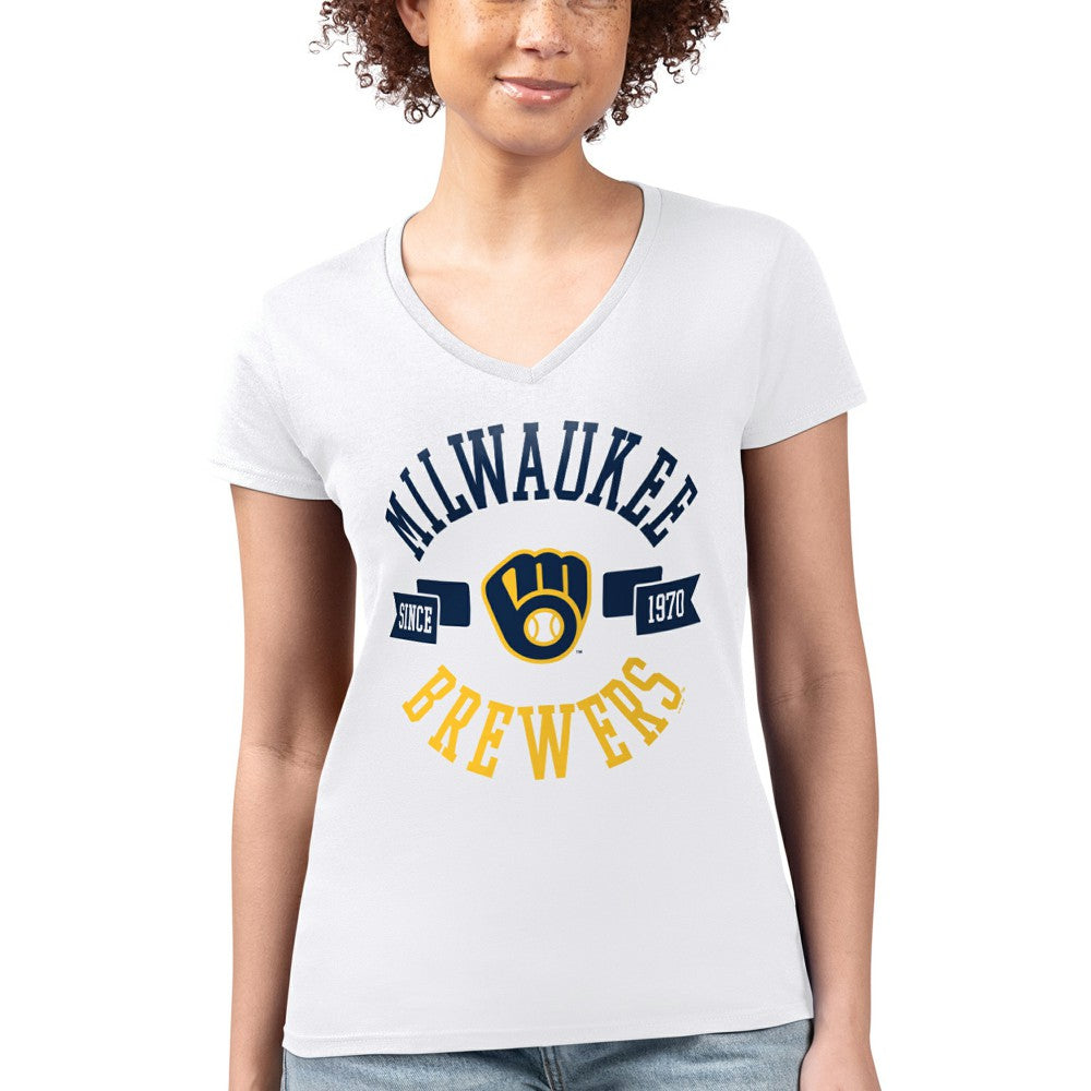 Milwaukee Brewers G-III 4Her by Carl Banks Women's Super-Slim Fit Lightweight City Graphic V-Neck T-Shirt - White T-shirts