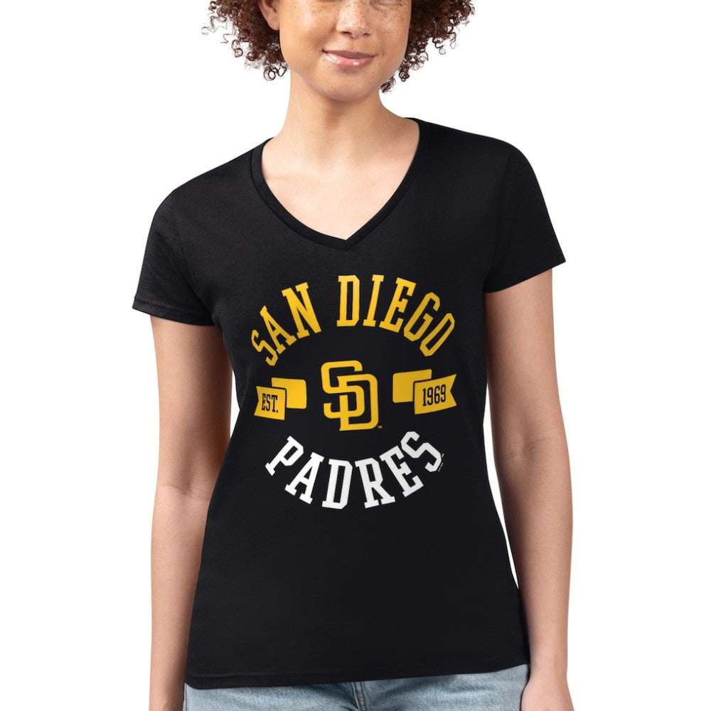 San Diego Padres G-III 4Her by Carl Banks Women's Super-Slim Fit Lightweight City Graphic V-Neck T-Shirt - Black T-shirts