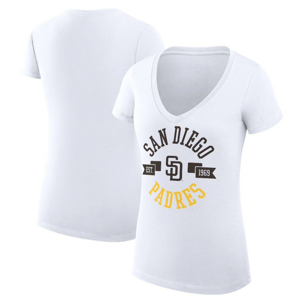 San Diego Padres G-III 4Her by Carl Banks Women's Super-Slim Fit Lightweight City Graphic V-Neck T-Shirt - White T-shirts