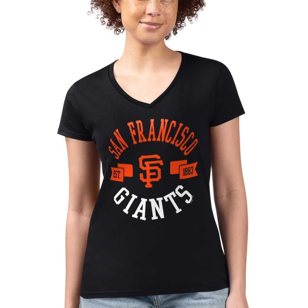San Francisco Giants G-III 4Her by Carl Banks Women's Super-Slim Fit Lightweight City Graphic V-Neck T-Shirt - Black T-shirts
