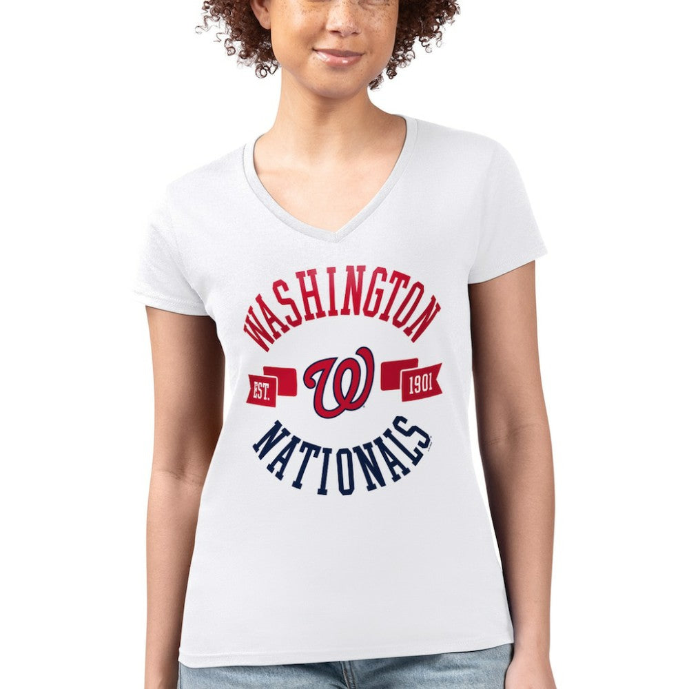 Washington Nationals G-III 4Her by Carl Banks Women's Super-Slim Fit Lightweight City Graphic V-Neck T-Shirt - White T-shirts