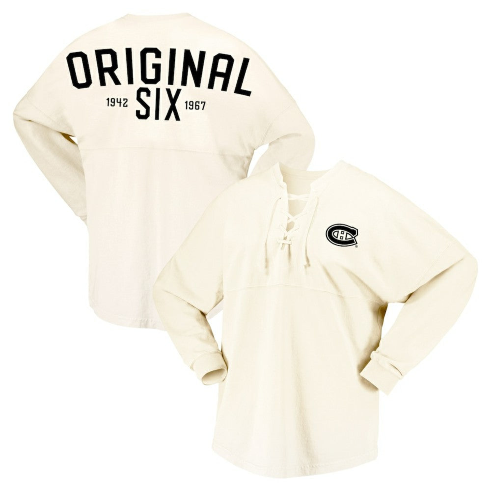 NHL Montreal Canadiens Fanatics Women's Original Six Lace-Up Spirit Jersey Long Sleeve T-Shirt - Cream