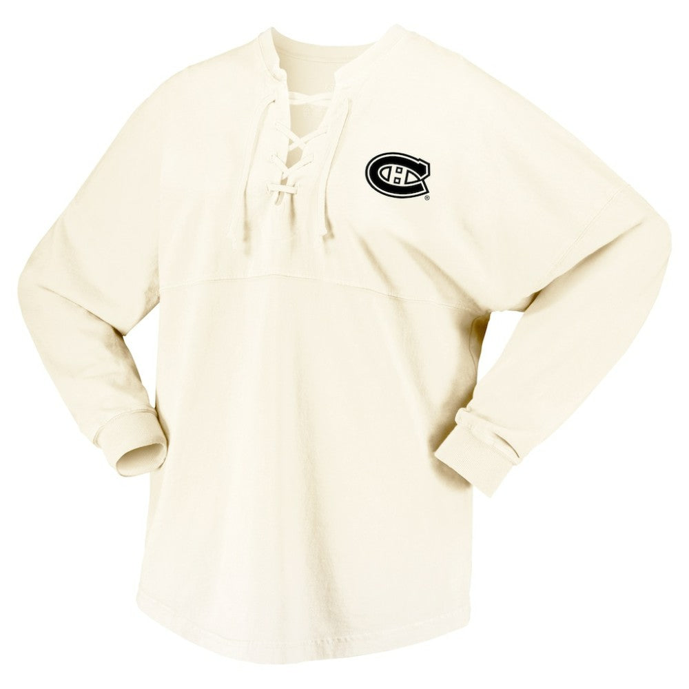 NHL Montreal Canadiens Fanatics Women's Original Six Lace-Up Spirit Jersey Long Sleeve T-Shirt - Cream
