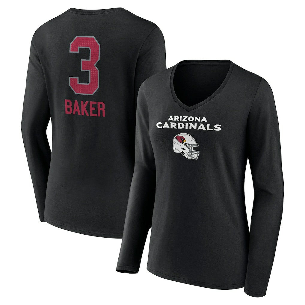 Budda Baker Arizona Cardinals Women's Team Wordmark Player Name & Number Long Sleeve V-Neck T-Shirt Black