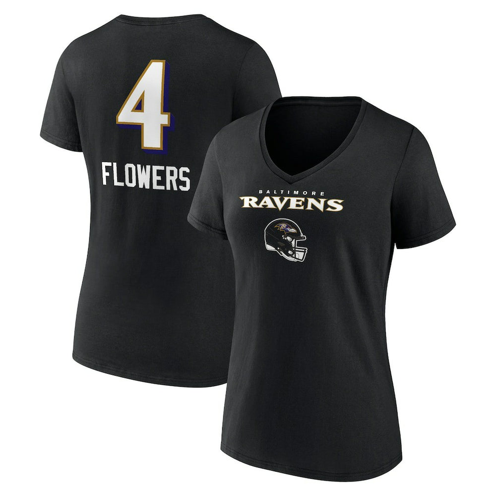 Zay Flowers Baltimore Ravens Women's Team Wordmark Player Name & Number V-Neck T-Shirt Black