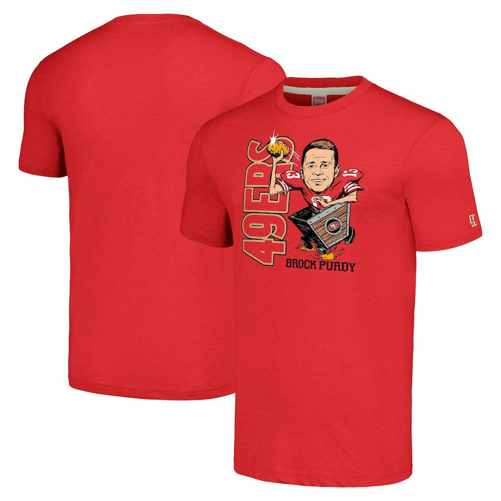 Brock Purdy San Francisco 49ers Homage Unisex Caricature Player Tri-Blend T-Shirt Scarlet