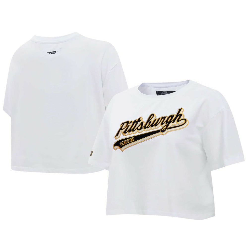 NHL Pittsburgh Penguins Pro Standard Women's Boxy Script Tail Cropped T-Shirt - White