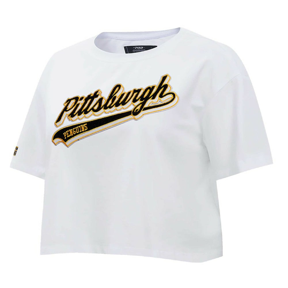 NHL Pittsburgh Penguins Pro Standard Women's Boxy Script Tail Cropped T-Shirt - White