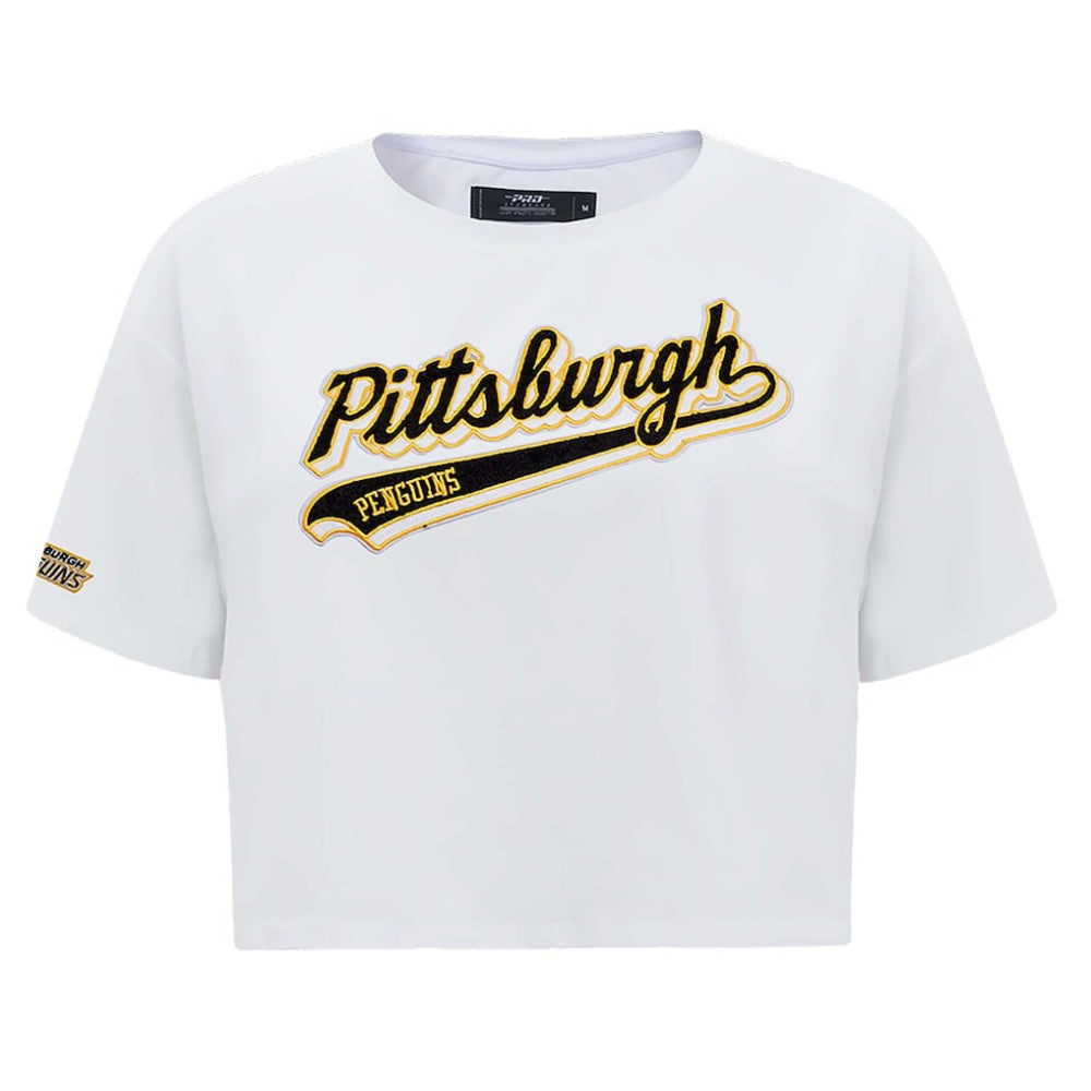 NHL Pittsburgh Penguins Pro Standard Women's Boxy Script Tail Cropped T-Shirt - White
