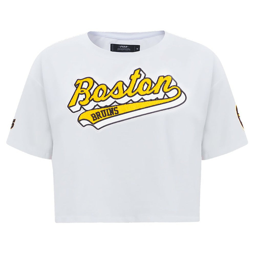 NHL Boston Bruins Pro Standard Women's Boxy Script Tail Cropped T-Shirt - White