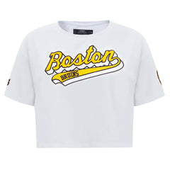 NHL Boston Bruins Pro Standard Women's Boxy Script Tail Cropped T-Shirt - White