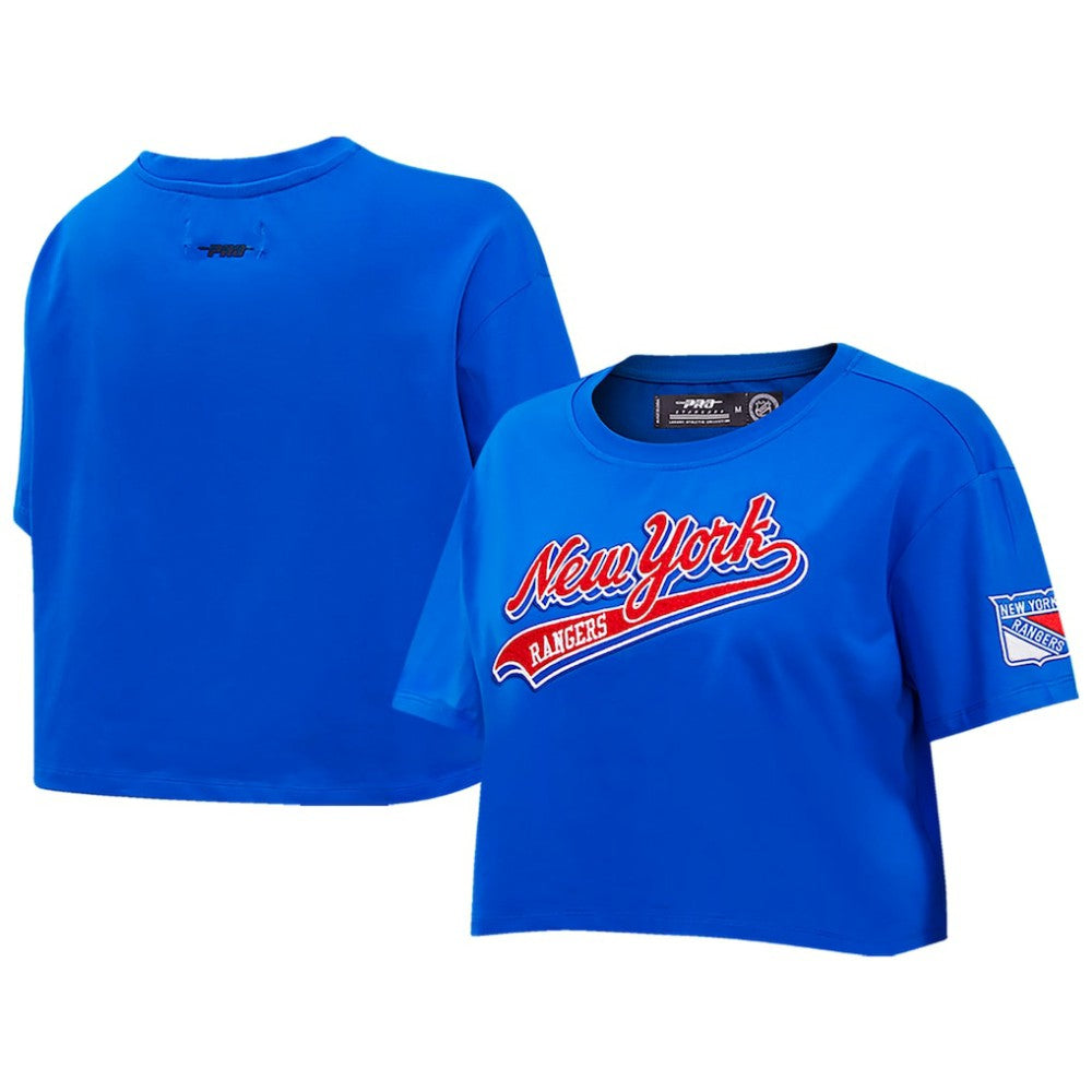 NHL New York Rangers Pro Standard Women's Boxy Script Tail Cropped T-Shirt - Blue