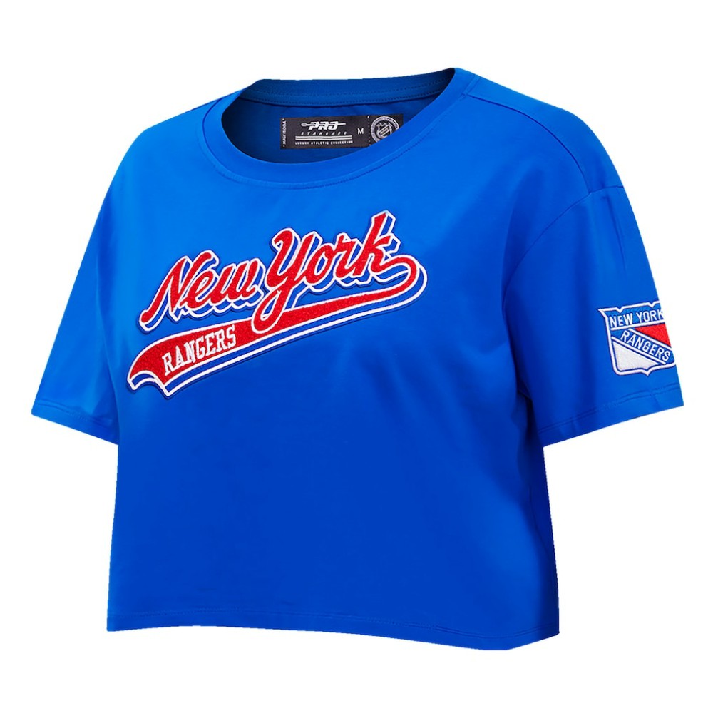 NHL New York Rangers Pro Standard Women's Boxy Script Tail Cropped T-Shirt - Blue