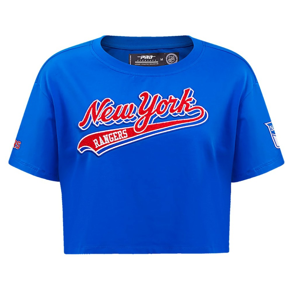NHL New York Rangers Pro Standard Women's Boxy Script Tail Cropped T-Shirt - Blue