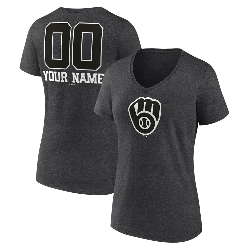 Milwaukee Brewers Women's Personalized Monochrome Name & Number V-Neck T-Shirt - Charcoal T-shirts