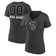 Milwaukee Brewers Women's Personalized Monochrome Name & Number V-Neck T-Shirt - Charcoal T-shirts