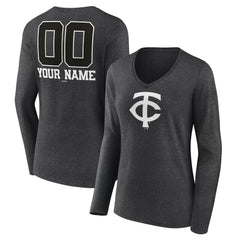 Minnesota Twins Women's Personalized Monochrome Name & Number Long Sleeve V-Neck T-Shirt - Charcoal T-shirts