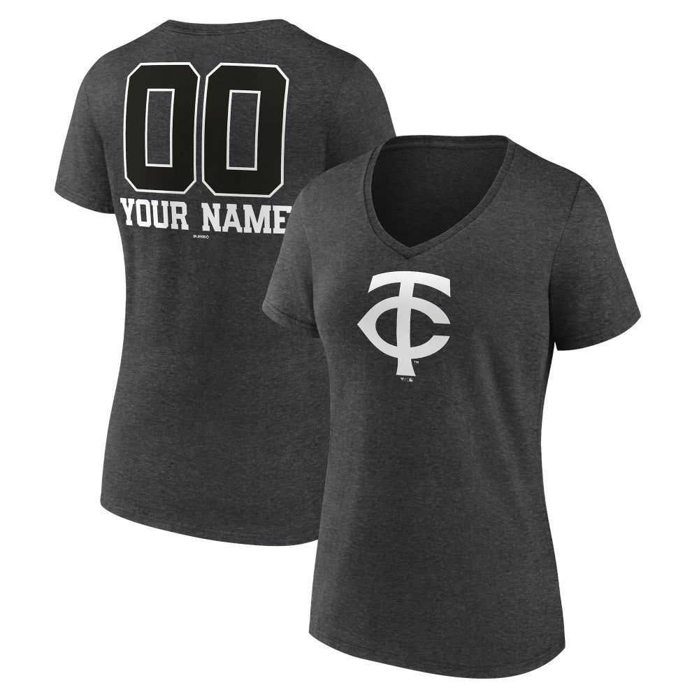 Minnesota Twins Women's Personalized Monochrome Name & Number V-Neck T-Shirt - Charcoal T-shirts