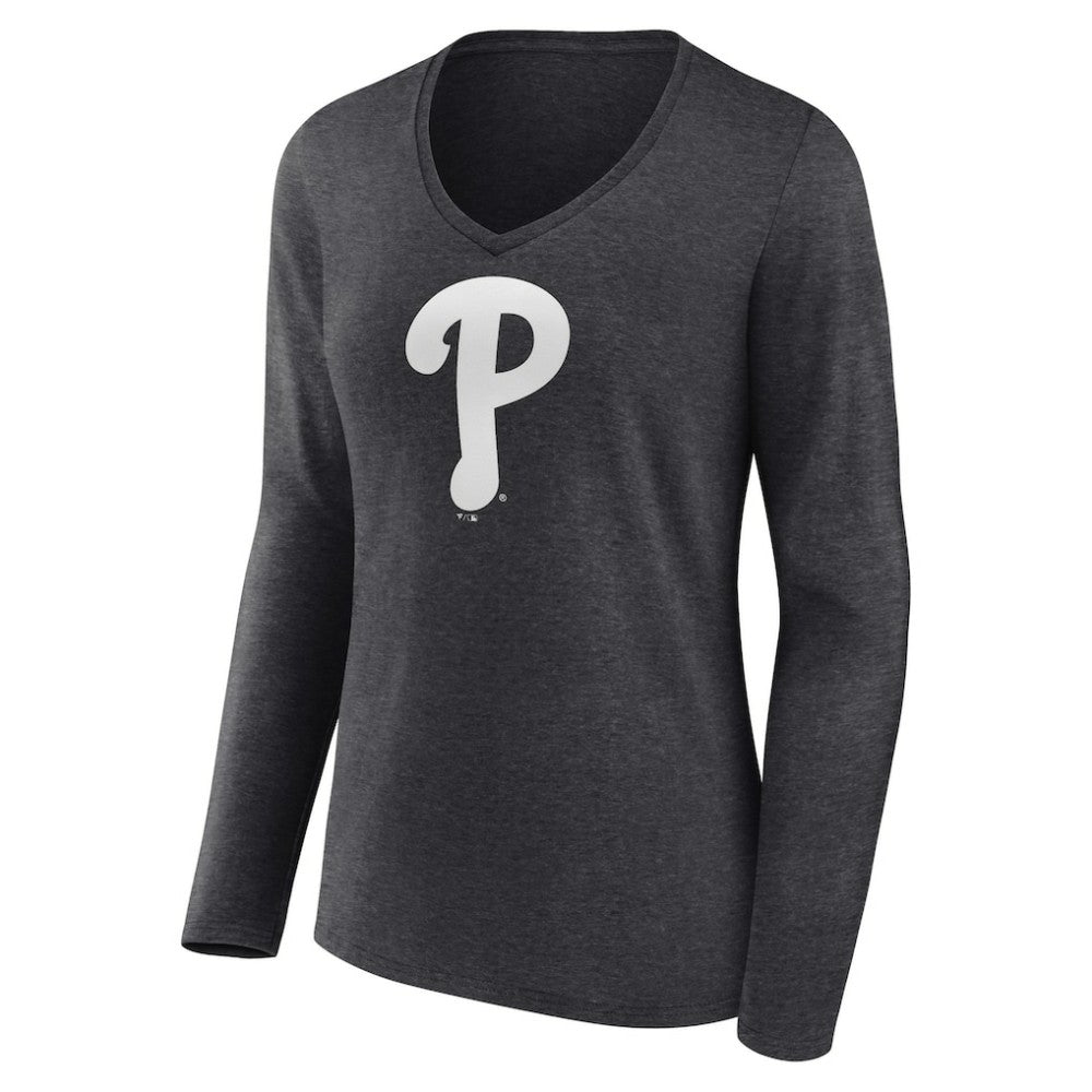 Philadelphia Phillies Women's Personalized Monochrome Name & Number Long Sleeve V-Neck T-Shirt - Charcoal T-shirts