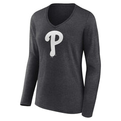 Philadelphia Phillies Women's Personalized Monochrome Name & Number Long Sleeve V-Neck T-Shirt - Charcoal T-shirts