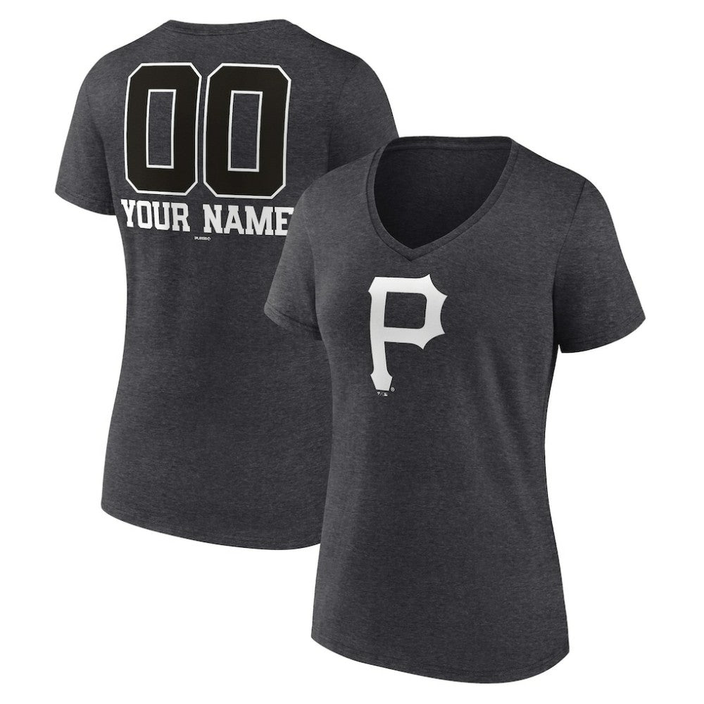 Pittsburgh Pirates Women's Personalized Monochrome Name & Number V-Neck T-Shirt - Charcoal T-shirts