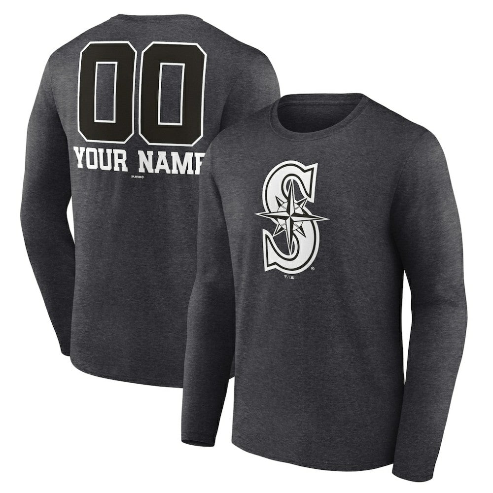 Seattle Mariners Personalized Monochrome Name & Number Long Sleeve T-Shirt - Charcoal T-shirts