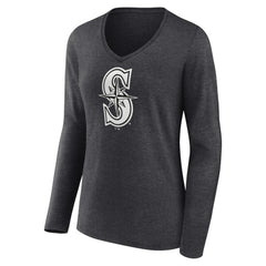 Seattle Mariners Women's Personalized Monochrome Name & Number Long Sleeve V-Neck T-Shirt - Charcoal T-shirts