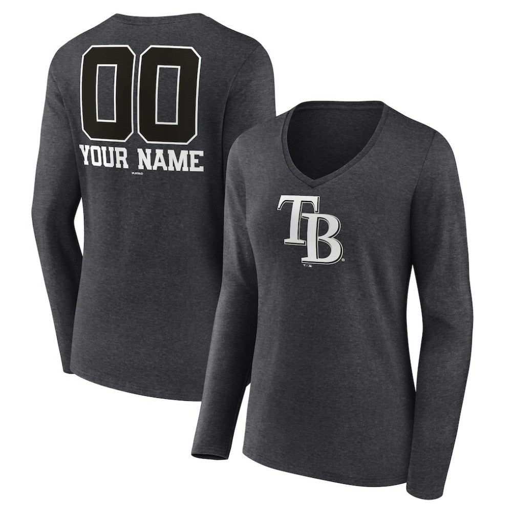 Tampa Bay Rays Women's Personalized Monochrome Name & Number Long Sleeve V-Neck T-Shirt - Charcoal T-shirts