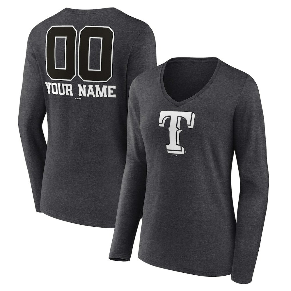 Texas Rangers Women's Personalized Monochrome Name & Number Long Sleeve V-Neck T-Shirt - Charcoal T-shirts