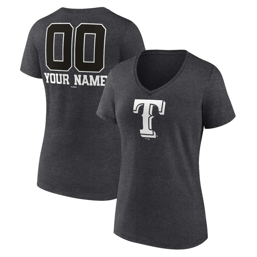 Texas Rangers Women's Personalized Monochrome Name & Number V-Neck T-Shirt - Charcoal T-shirts